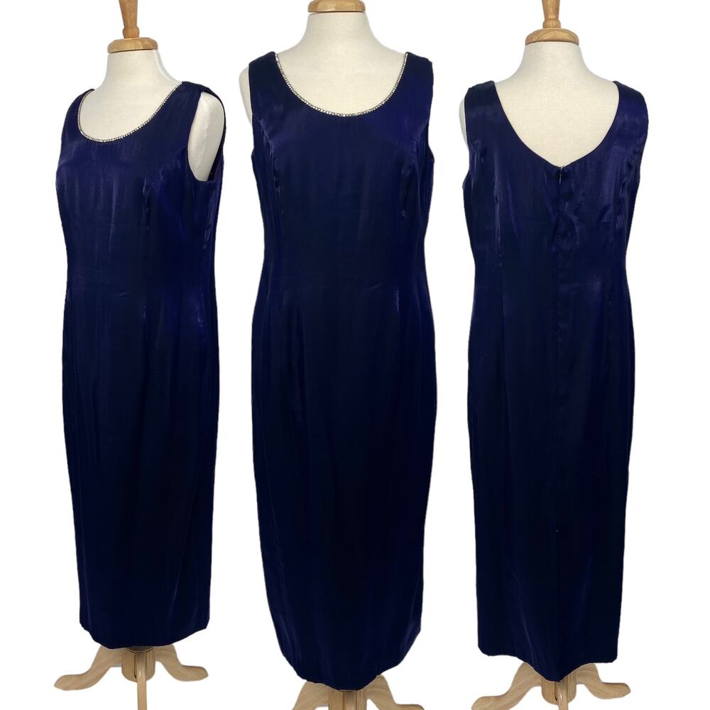 Vintage 90s Semi Formal Maxi Dress Shiny Metallic Purple Crystal Neckline 16